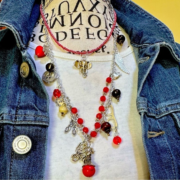 Layered red turquoise medallion silver multi pendants charms bohemian necklace